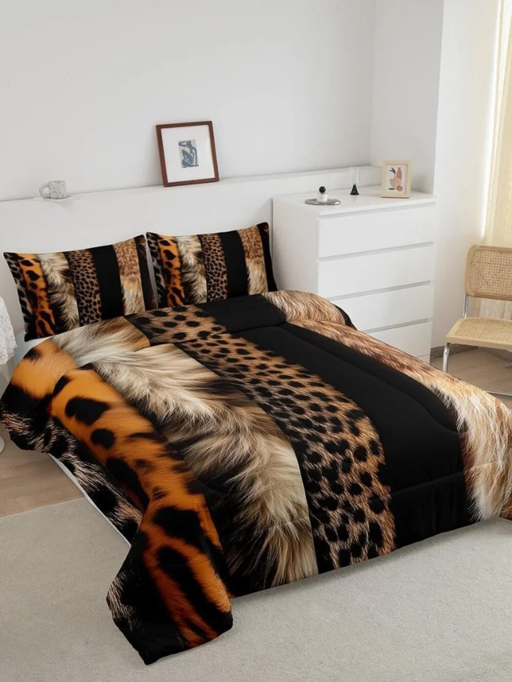 Leopard Print Comforter Set Wild Animal Fur Bedding Set Queen Size for Kids Boys